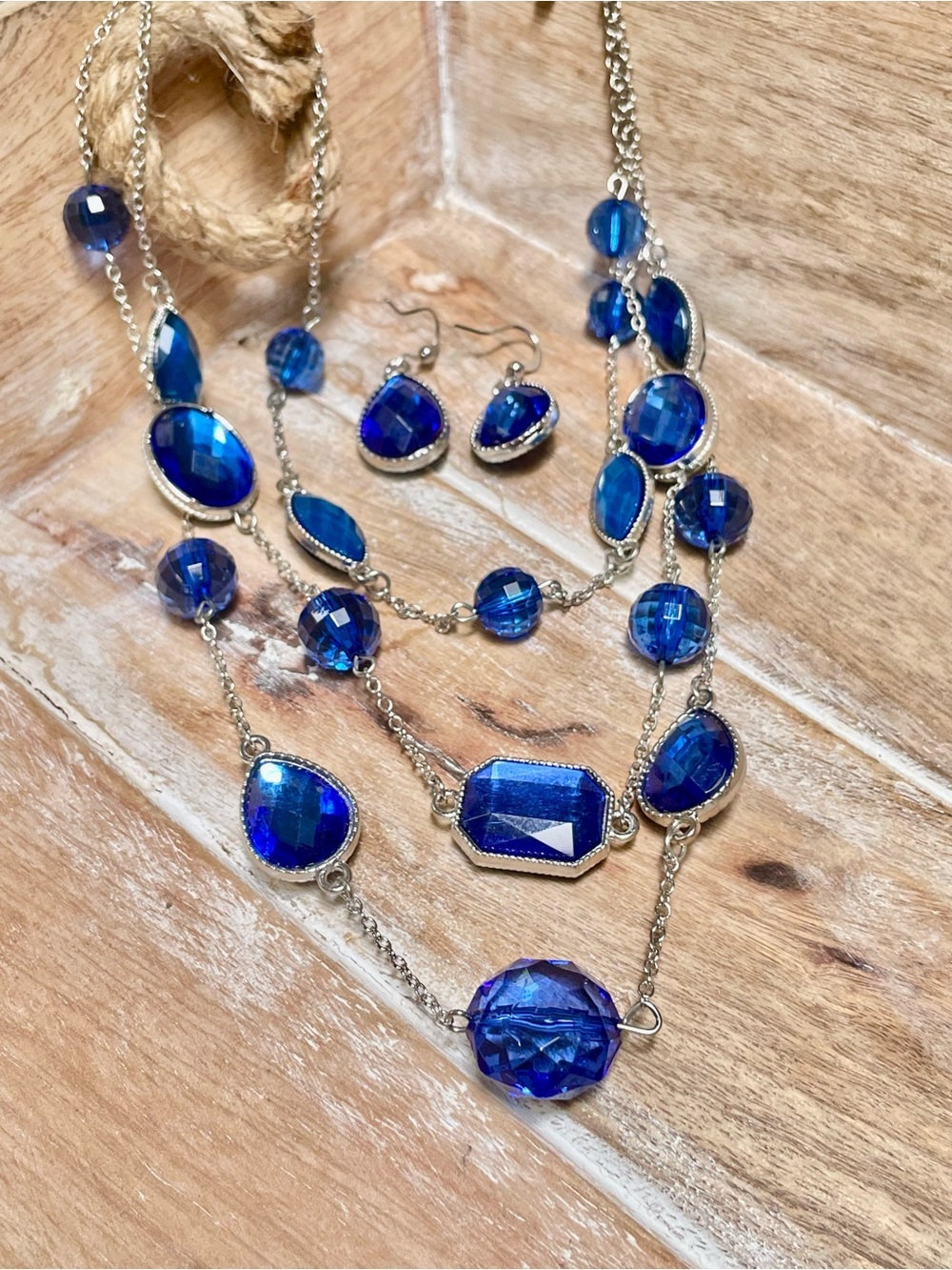 Layered Blue Faceted Stone Necklace and Earring Set
